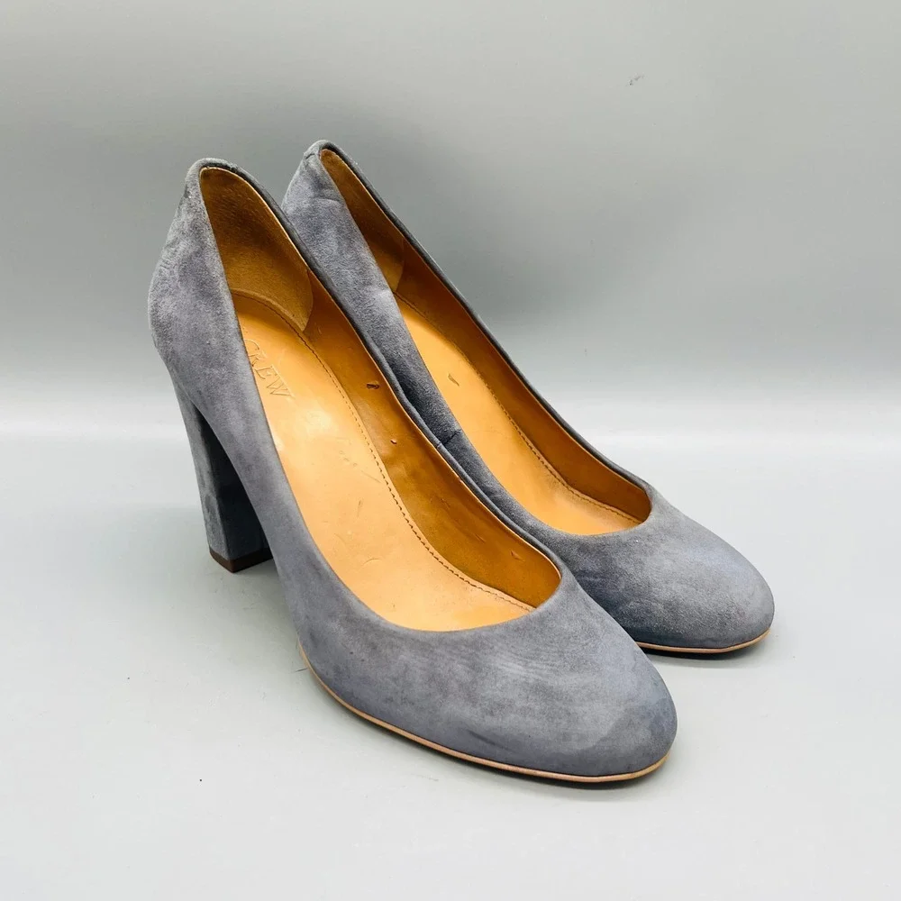 J Crew Shoes Women 9 Gray Suede Block Heel Round Toe Classic Dress Pumps Slip On